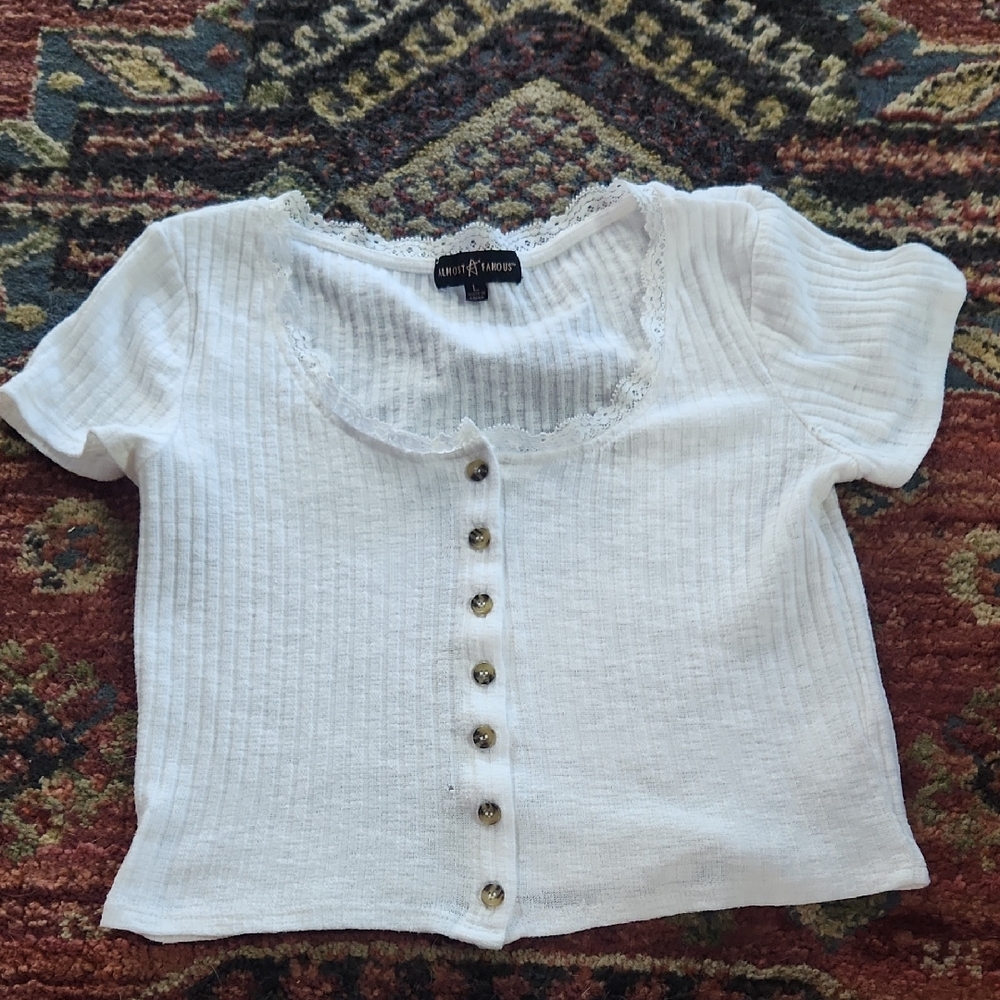 Almost Famous White Button Down Shirt Cropped Ribbed